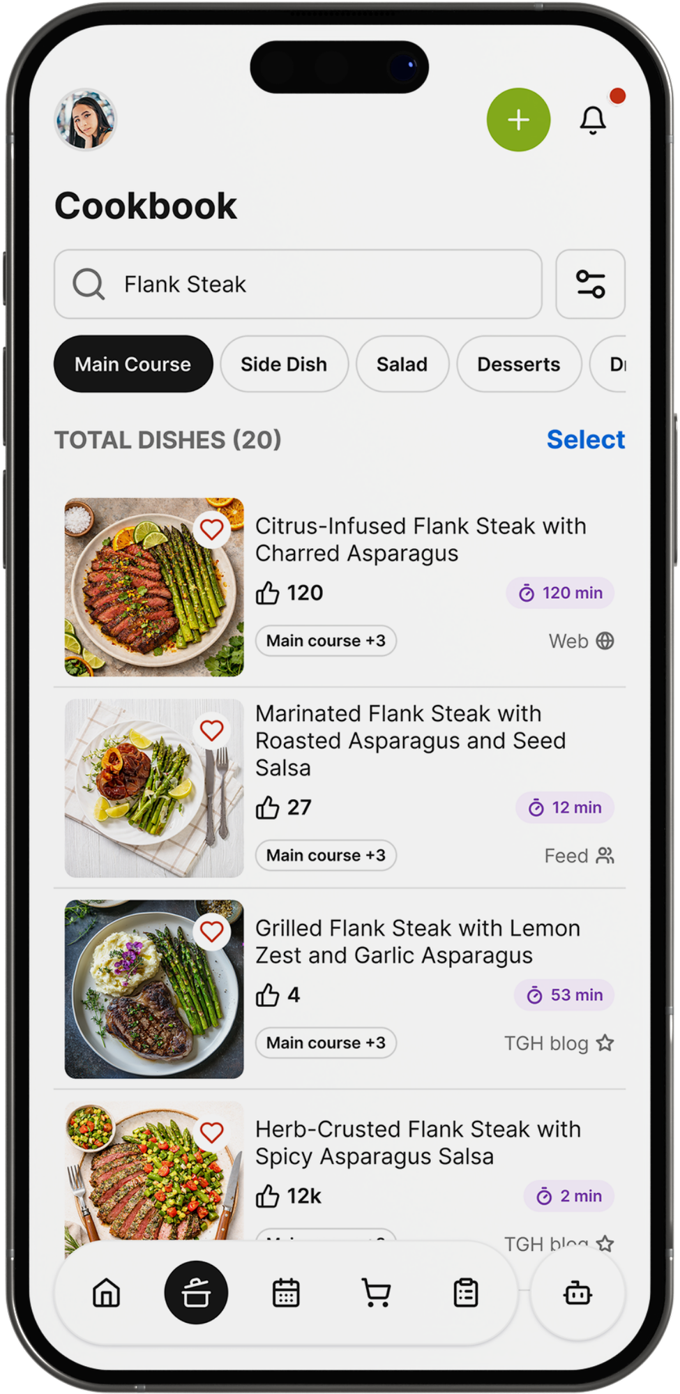The Gourmet Host app cookbook screen showing saved recipes organized for a menu.