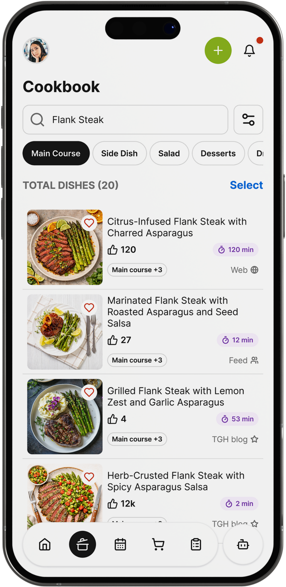 The Gourmet Host cookbook screen showing a saved recipe ready to add to an event menu