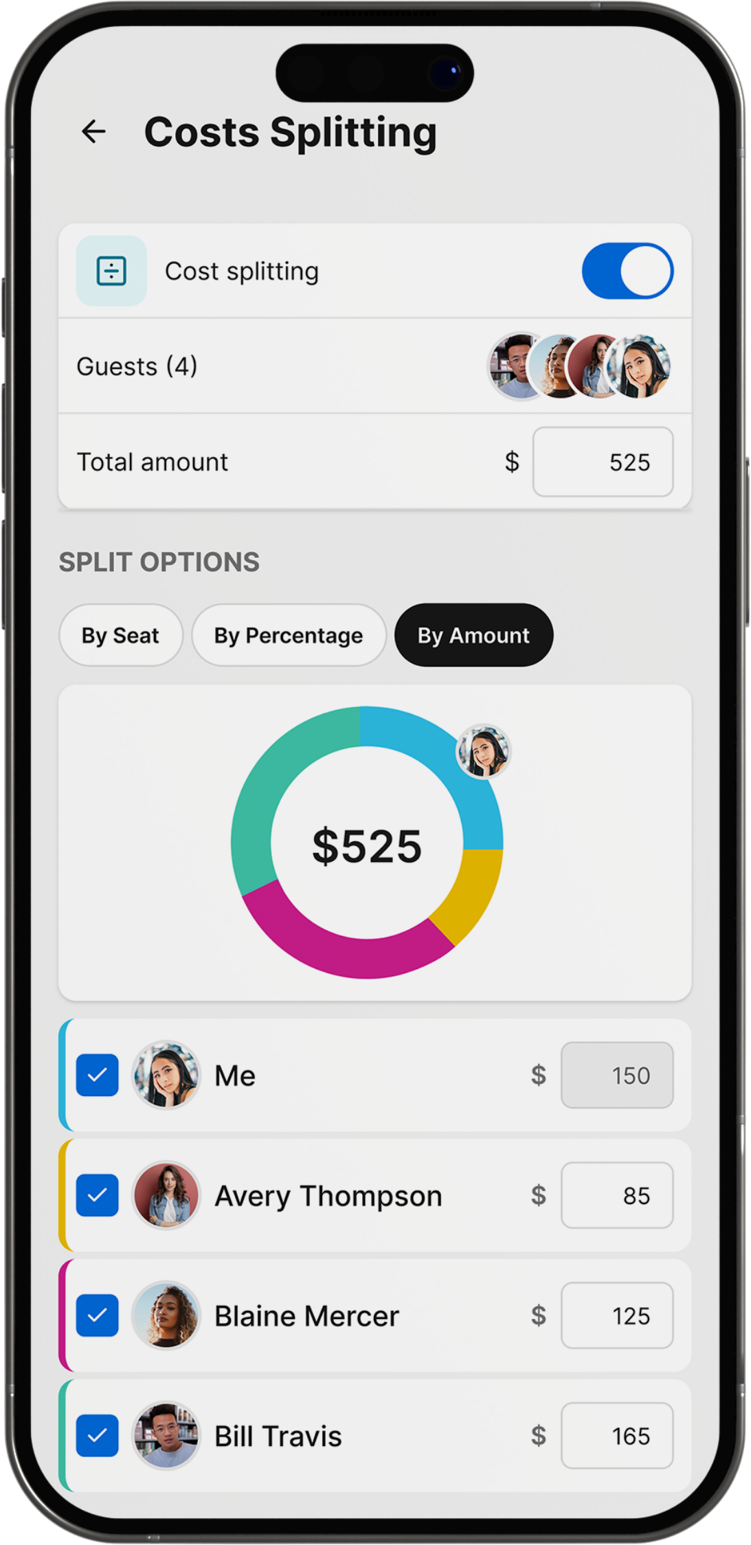 The Gourmet Host cost sharing screen with an event total split among guests