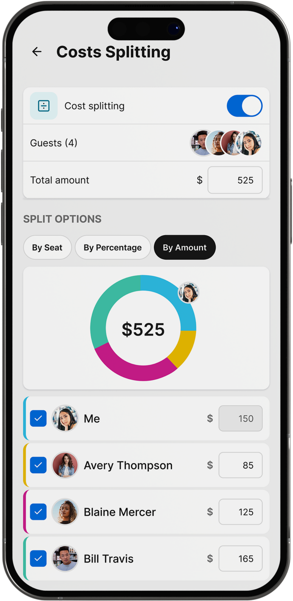 The Gourmet Host app cost sharing screen showing an event's costs split among co-hosts and guests, with each person's running total.