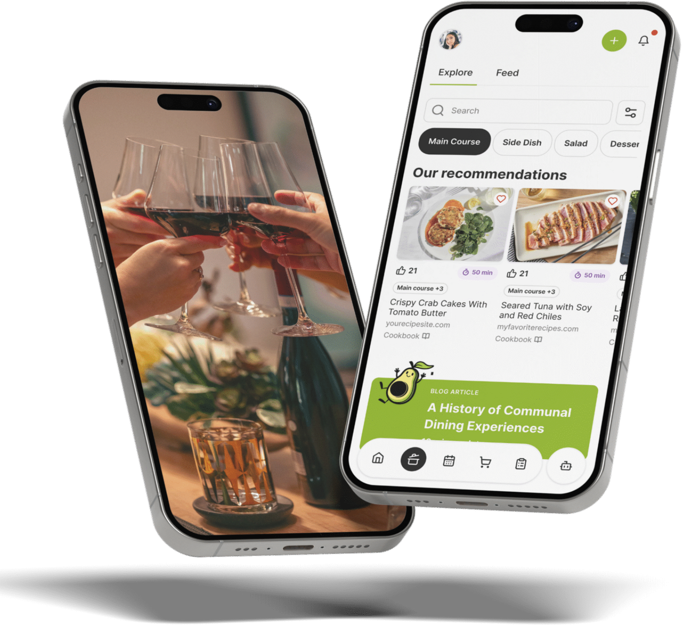 Two phones showing The Gourmet Host app next to the apps it replaces for one dinner party.