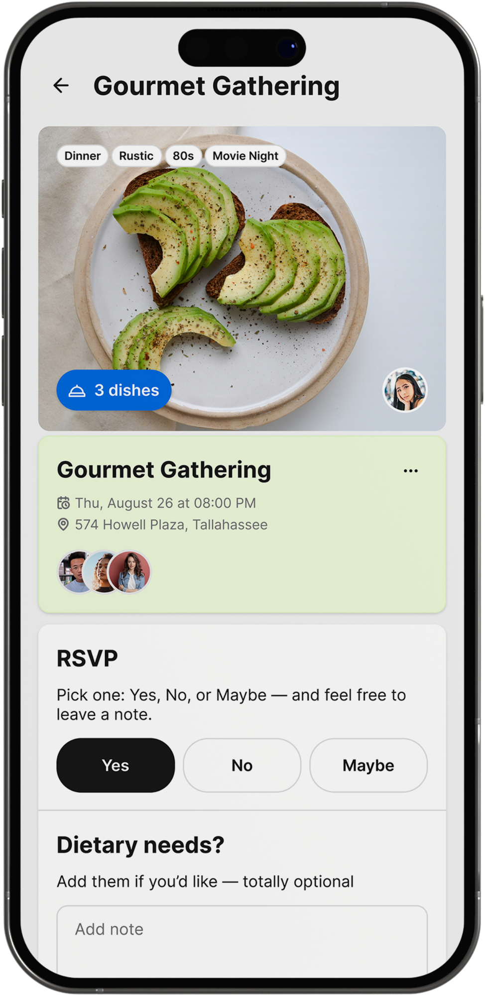 The Gourmet Host app RSVP screen showing one guest's response