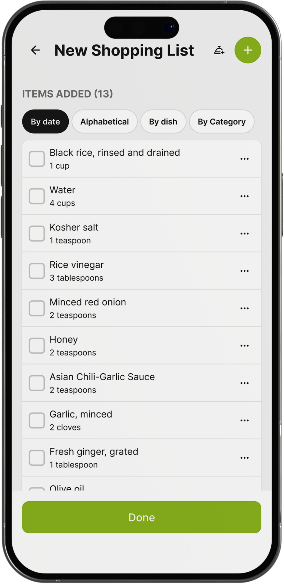 The Gourmet Host app grocery list screen, items grouped by recipe for an upcoming dinner party.