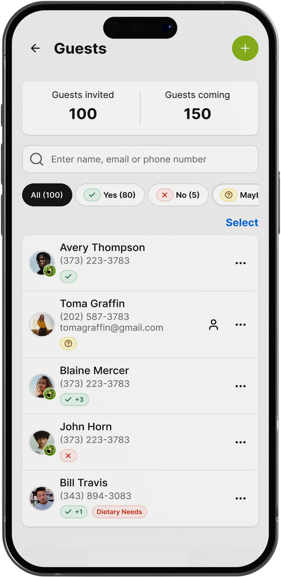 The Gourmet Host app guest list with RSVP status and a dietary tag for each guest
