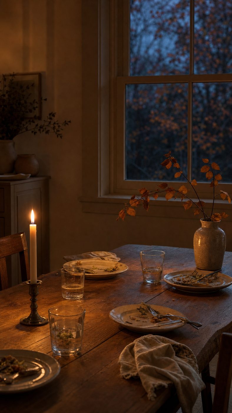 A candlelit dining room table set for guests, the event the RSVP led to.