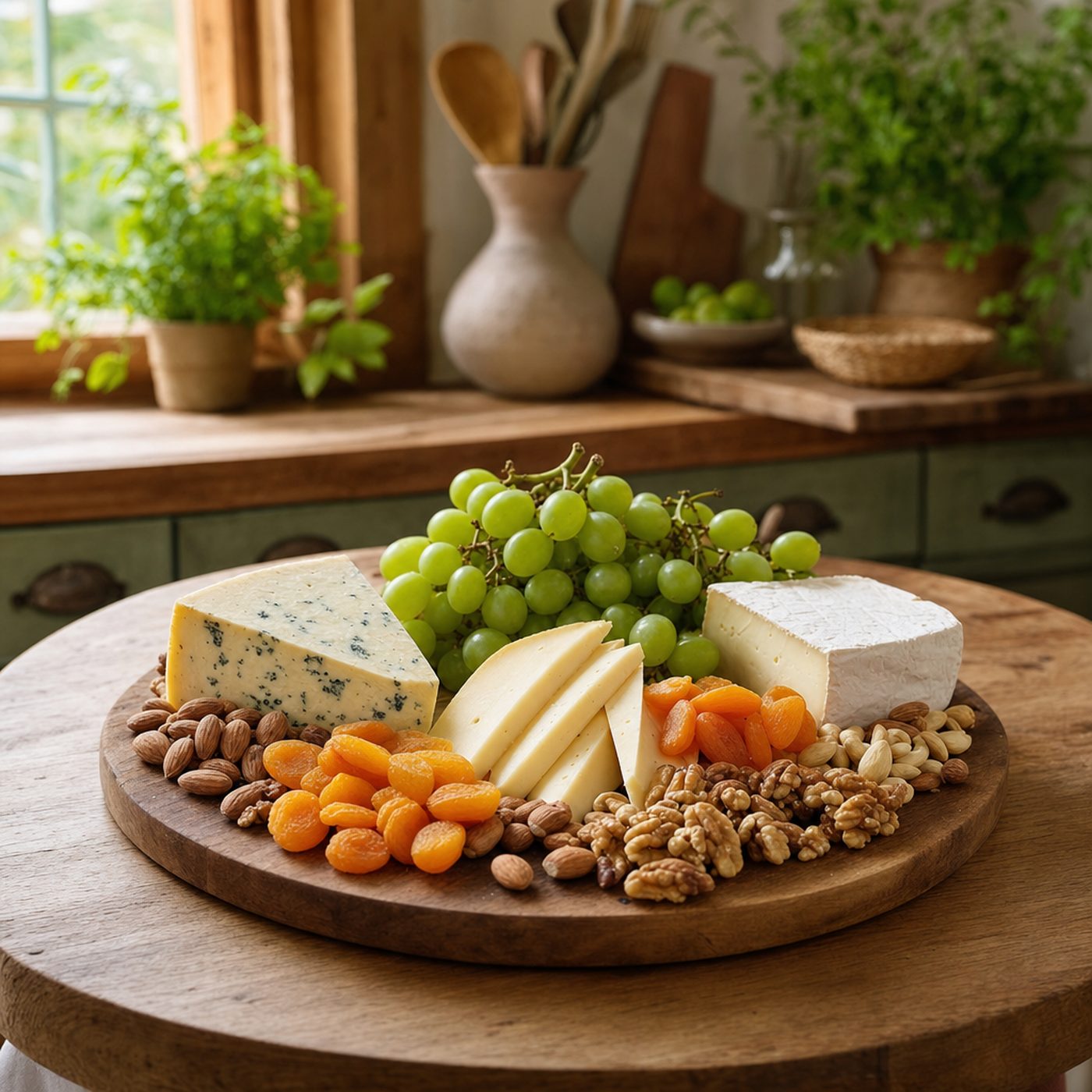 An overhead spread of cheese, dips and crackers on a round board, shared dishes at a potluck.
