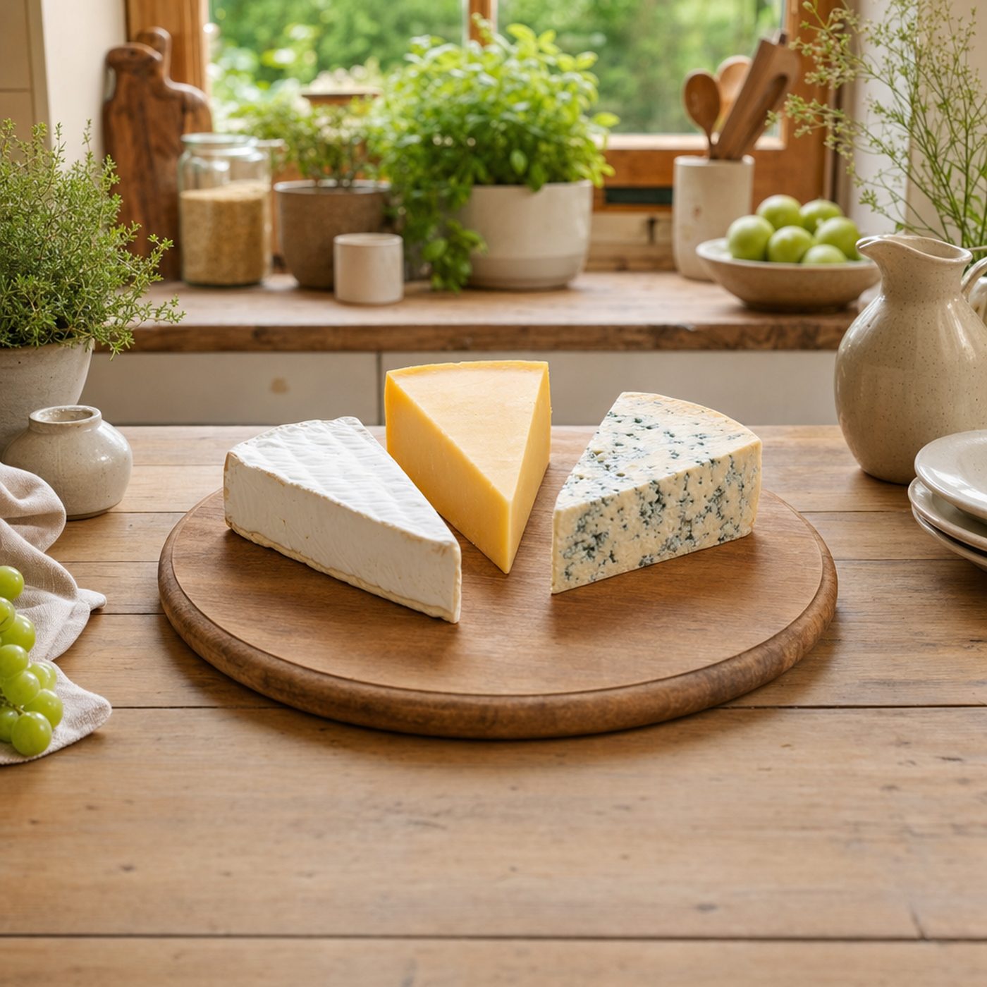 An overhead view of a cheese board with grapes and crackers, the kind of dish a guest signs up to bring.