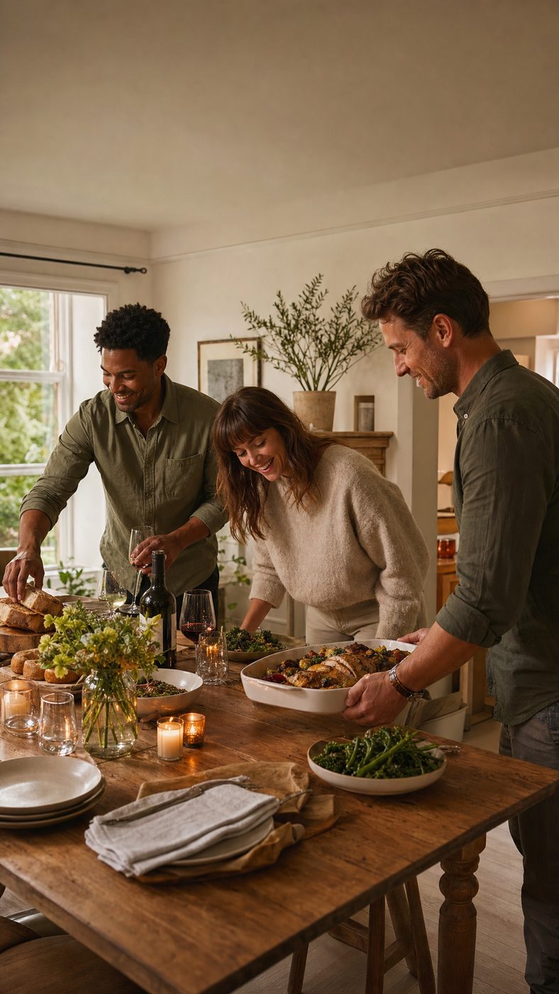 Two co-hosts arranging dishes together on an outdoor table before guests arrive.