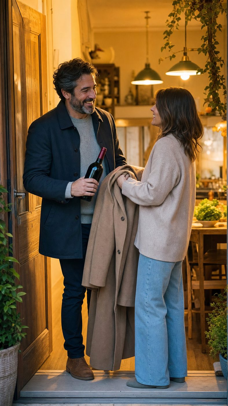 A couple greeting each other at the doorway with a bottle of wine, arriving for the party.