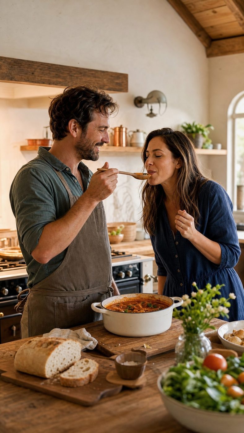 A couple tasting a dish together in the kitchen while deciding on the menu.