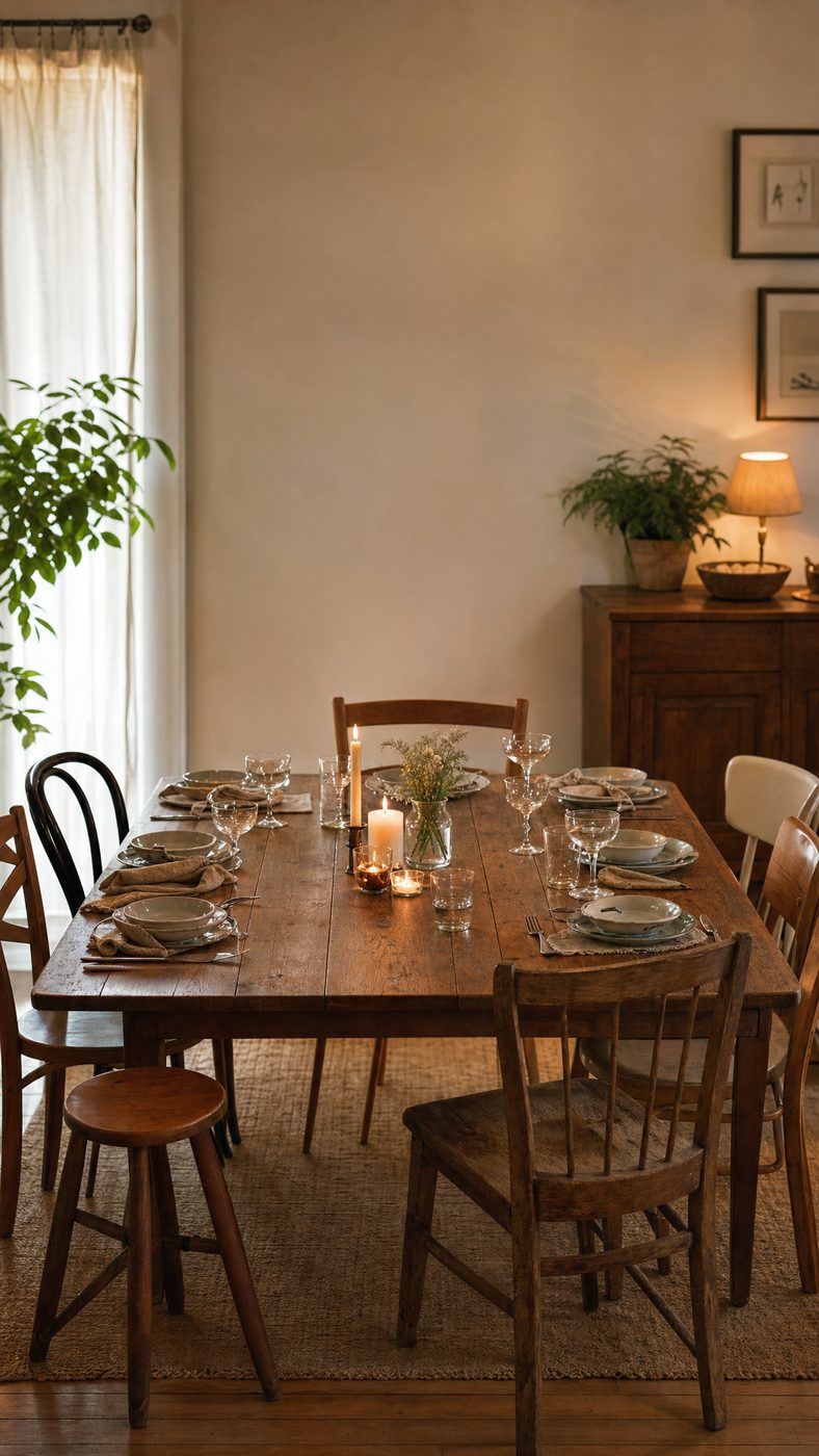 A dining table set with mismatched chairs and warm lighting, ready for guests.