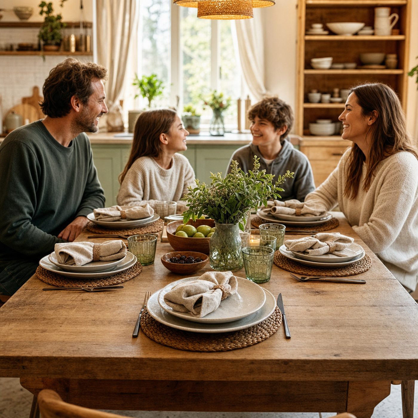 A family talking around a set table, the kind of evening a guest RSVPs to join.
