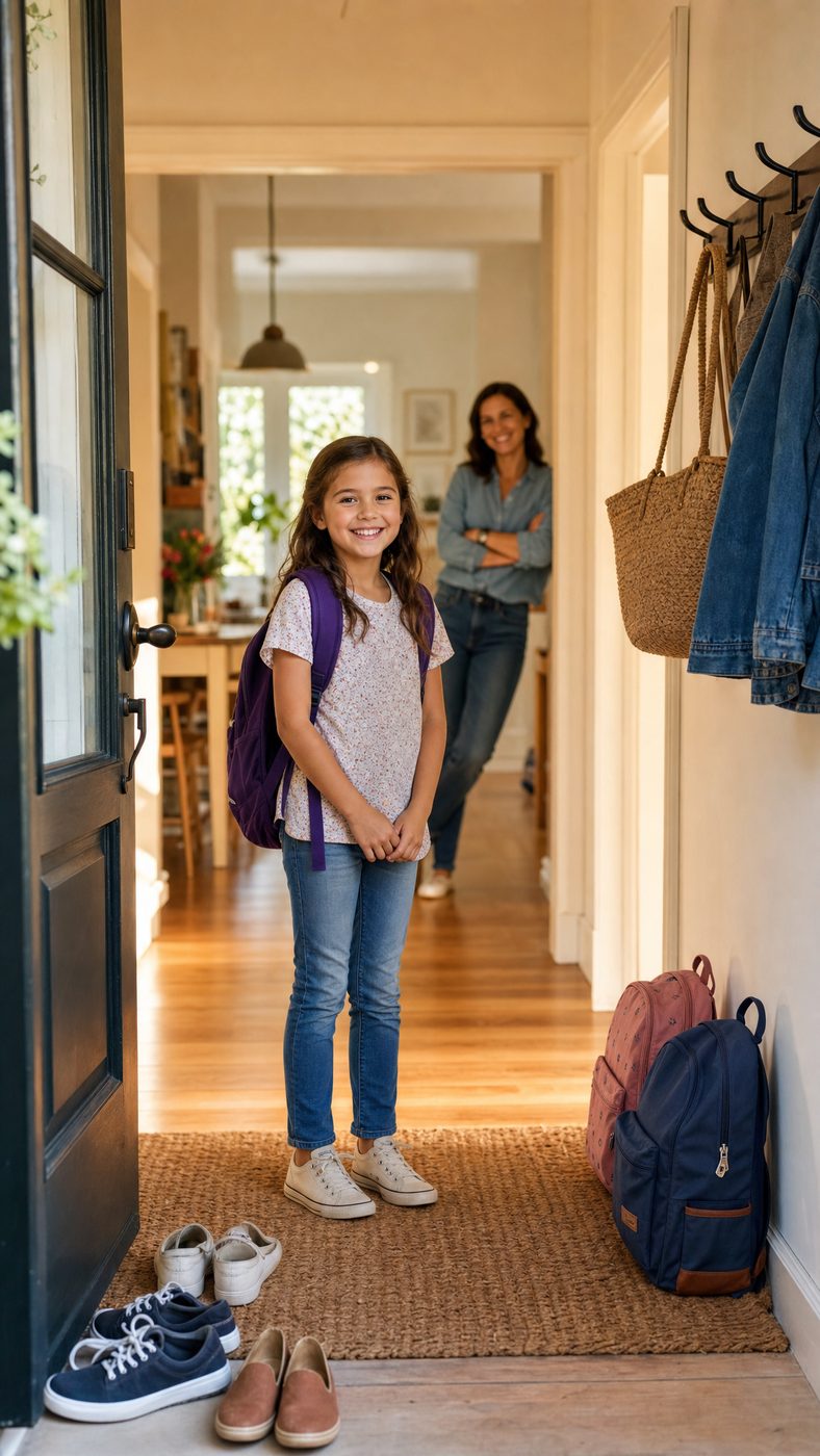 A family walking in through a front hallway, arriving as invited guests.