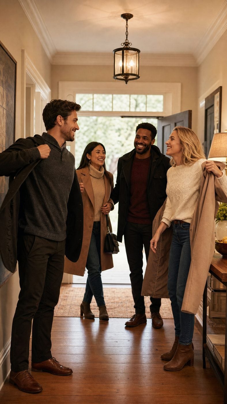 A small group of friends greeting each other in a home entryway.