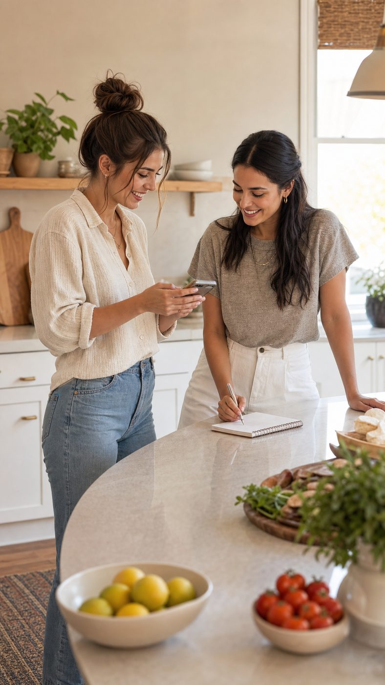 Two friends checking a phone and writing notes at a kitchen island surrounded by fresh produce, planning a menu together.