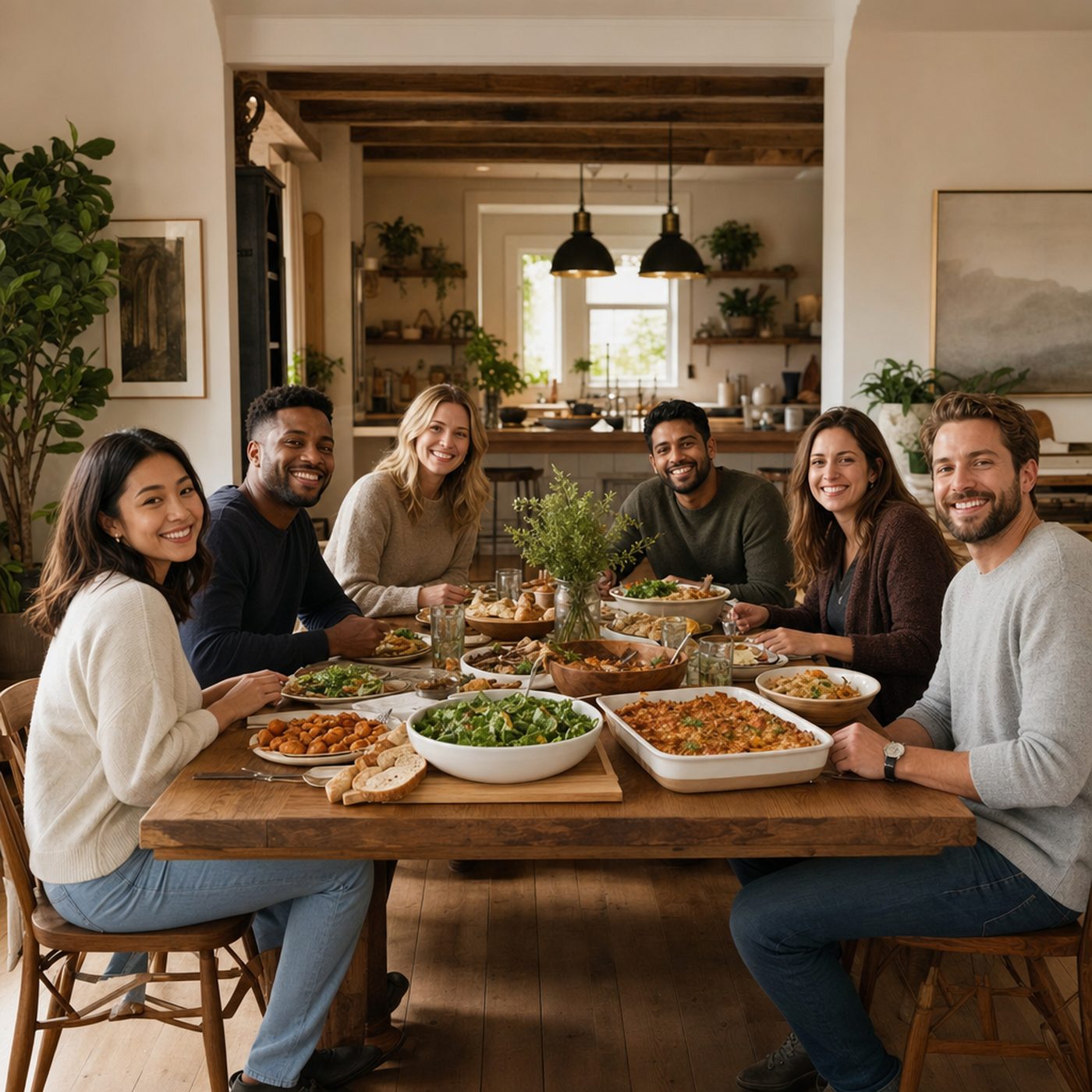 Friends sharing platters at a long table, the kind of dietary mix an RSVP note can flag ahead of time.