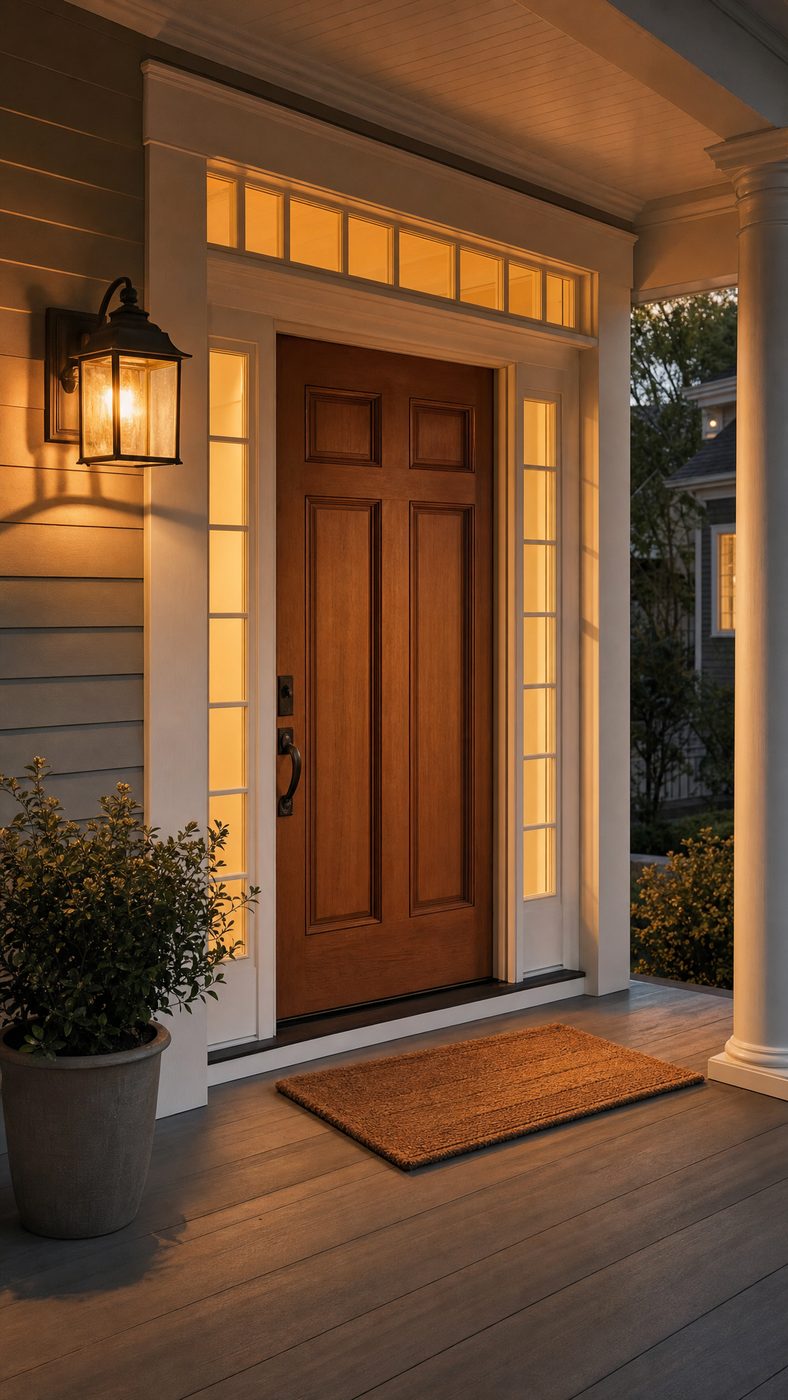 A porch light glowing over a front door, welcoming guests who RSVPed.