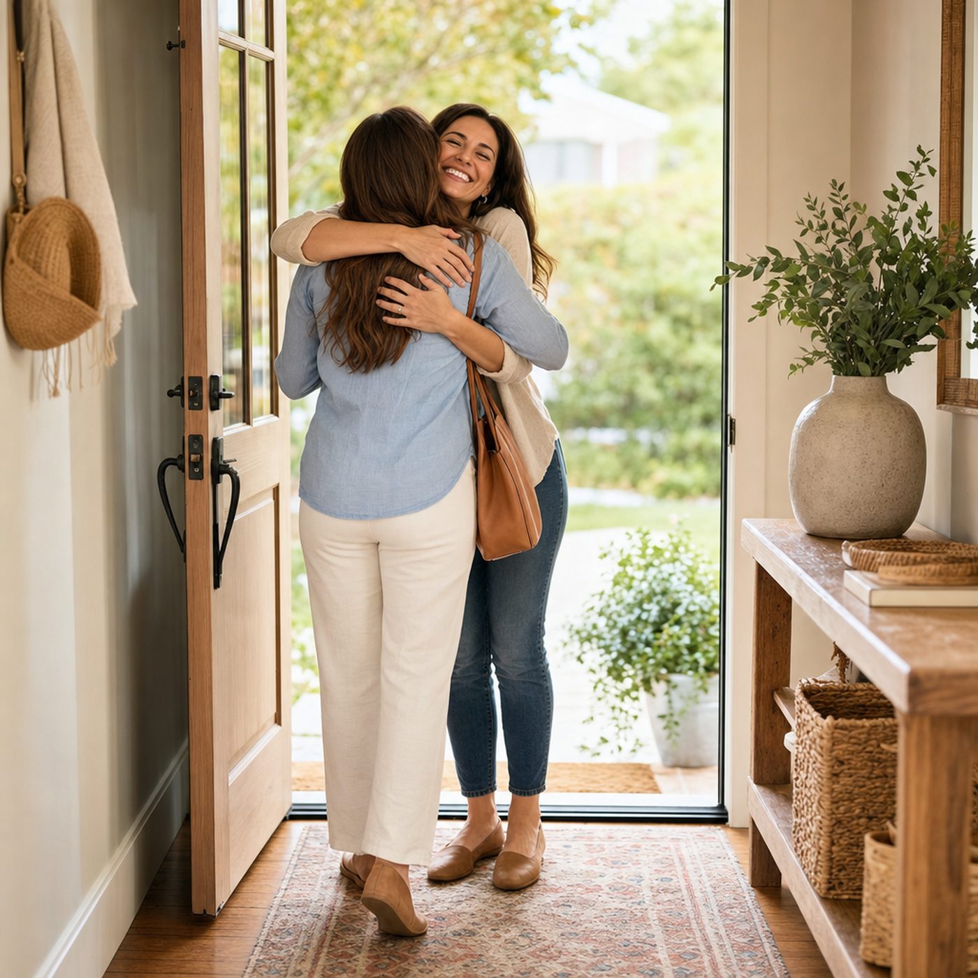 Two guests hugging in an open doorway as they arrive for the party.