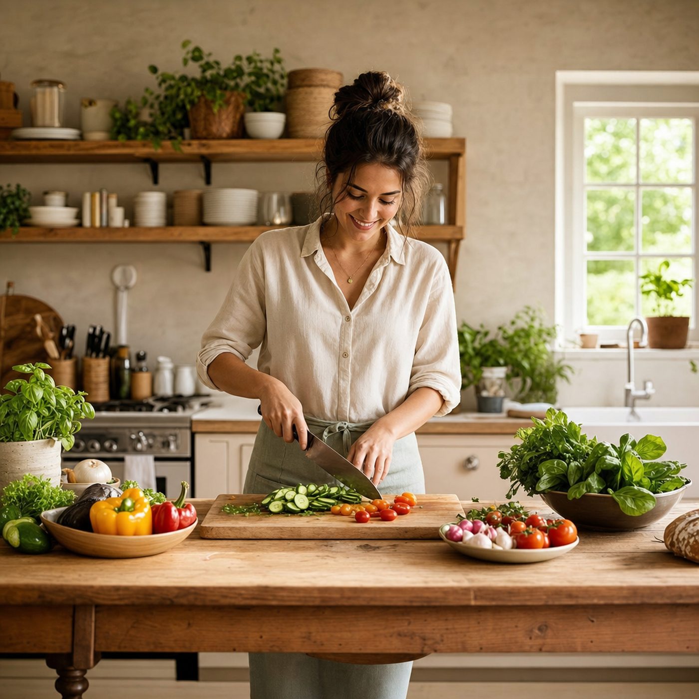 A host slicing vegetables on a kitchen island while comparing which app handles the next step.