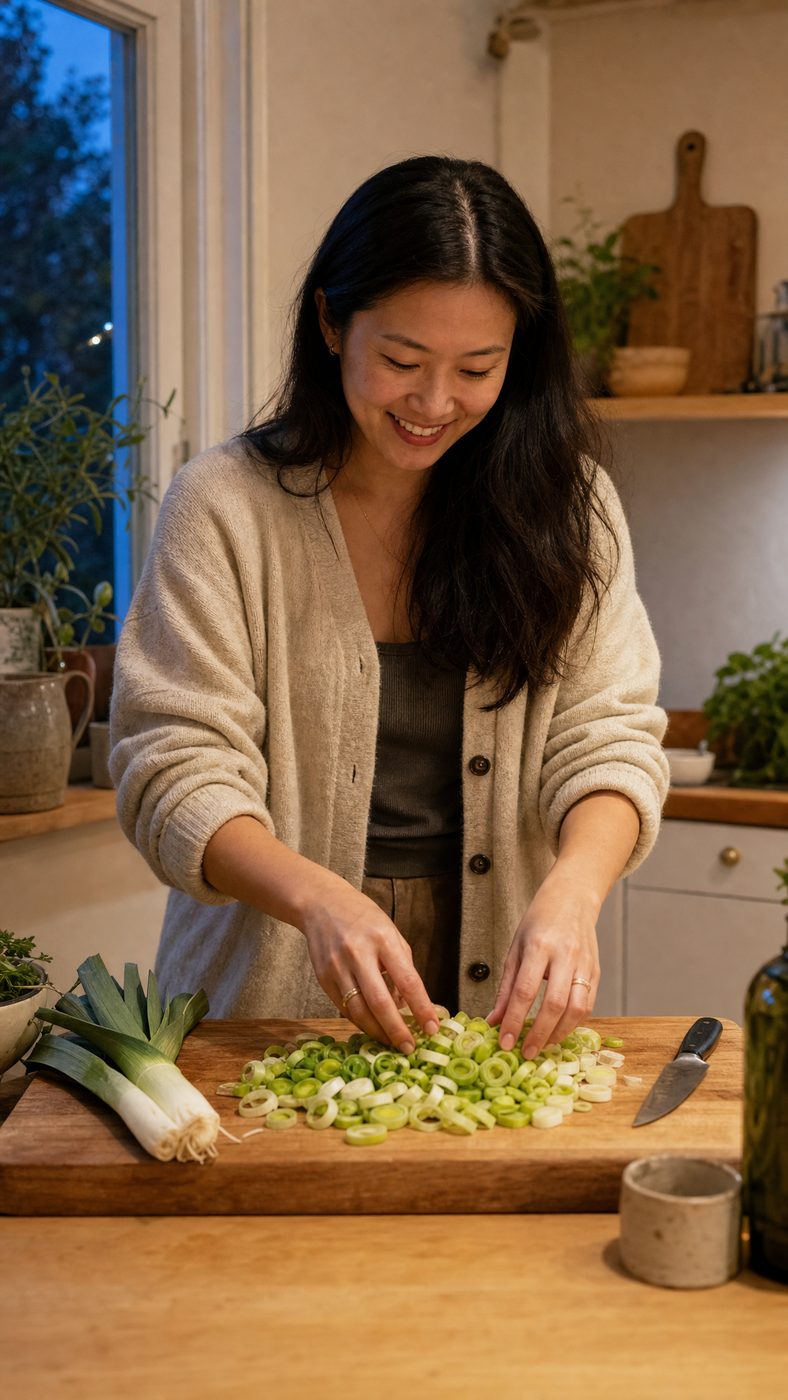A host slicing leafy greens at the kitchen counter while working from a recipe.