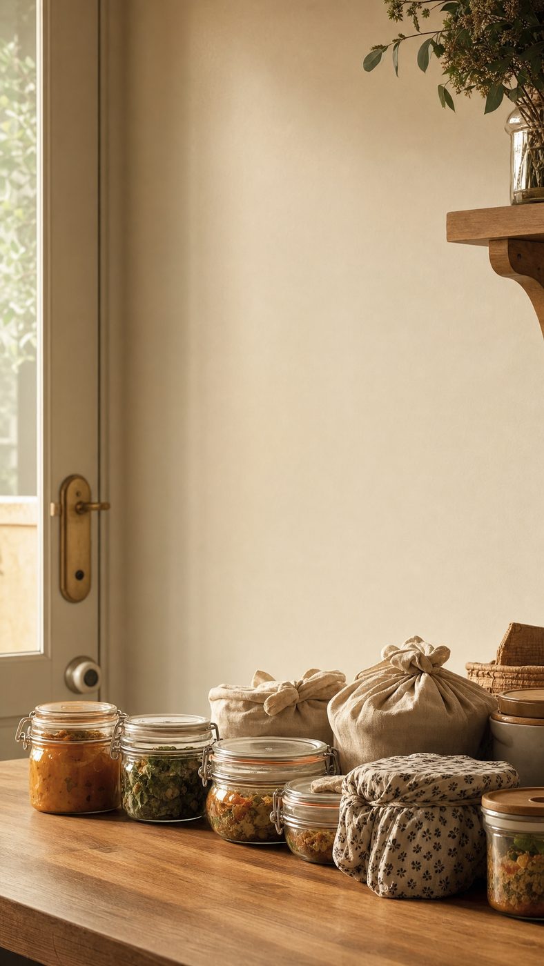 Rows of labeled pantry jars and bottles on an open shelf.