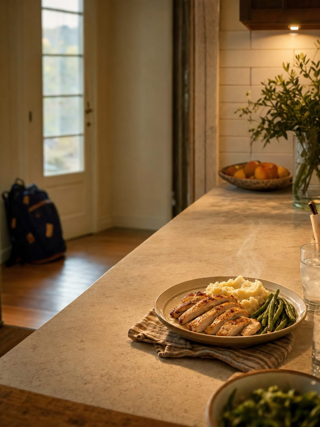 Plated food resting on a sunlit kitchen counter next to fresh ingredients.
