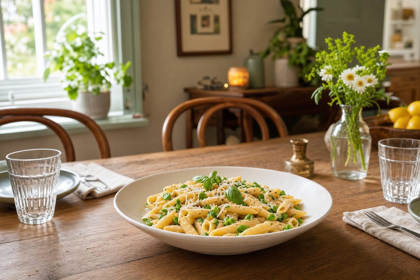 An overhead view of a plated pasta dish fresh off the stove, a saved recipe turned into tonight's menu.