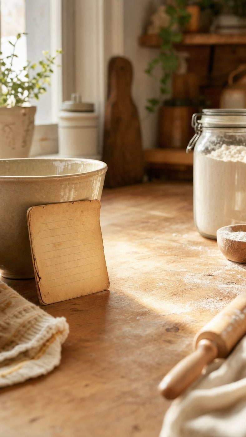 A handwritten recipe card and rolling pin on a rustic table, the kind of recipe a host saves and reuses.