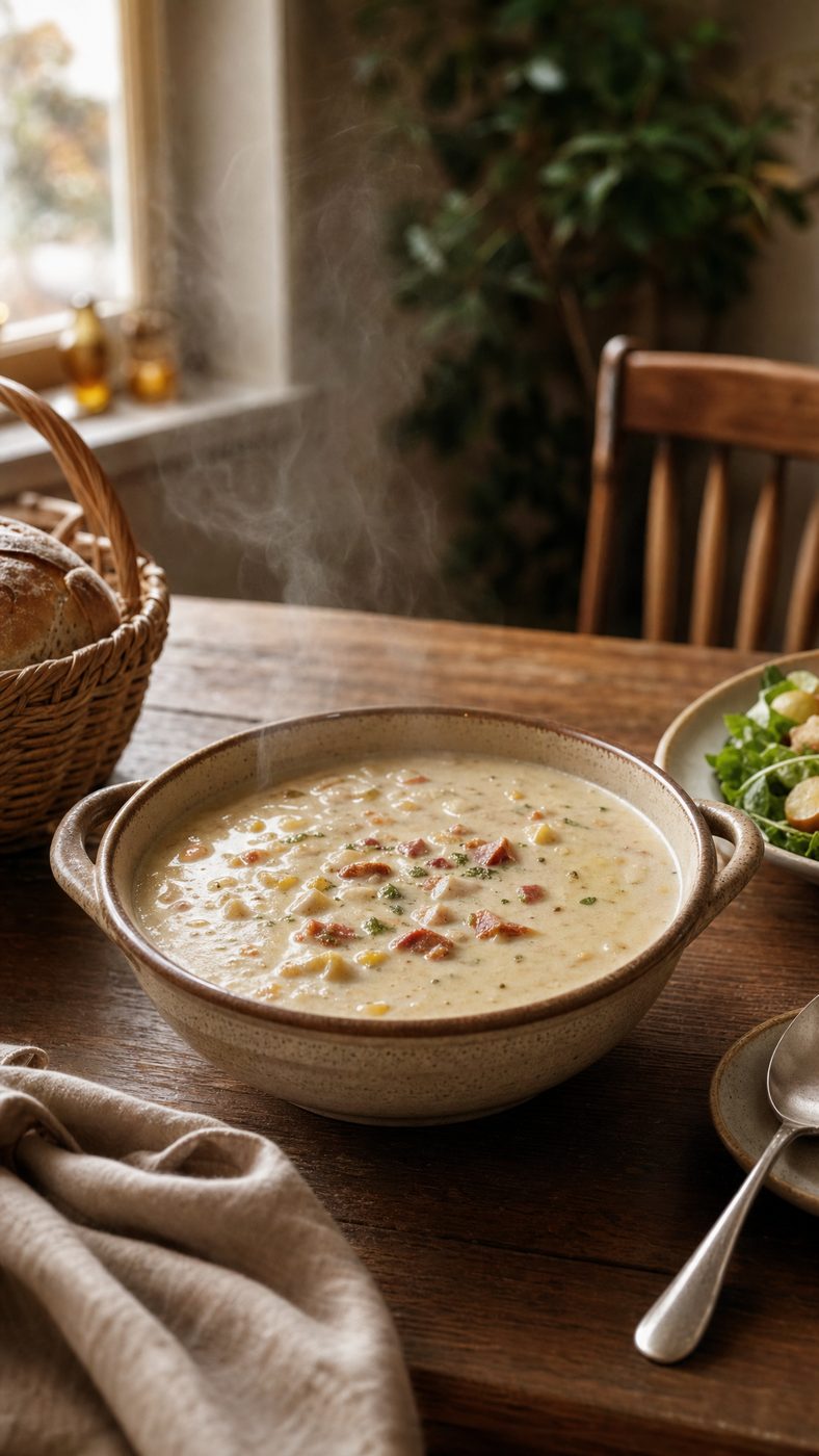 A bowl of soup from a saved recipe, served at a table set with the same menu everyone in the party is following.