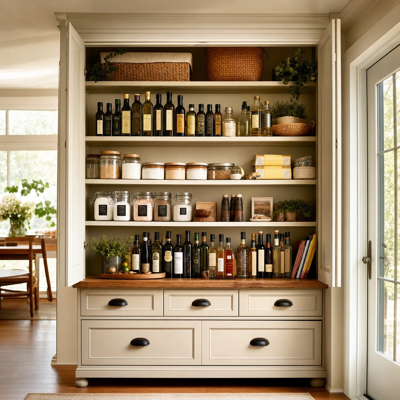 An open pantry of oils, vinegars and labelled jars, the kind of shopping a shared grocery list keeps organized.