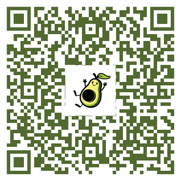 QR code for The Gourmet Host website with a playful avocado mascot.